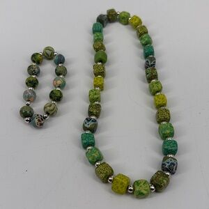 Vera Bradley Beads Collection Rare Green Floral Polymer Clay Necklace & Bracelet